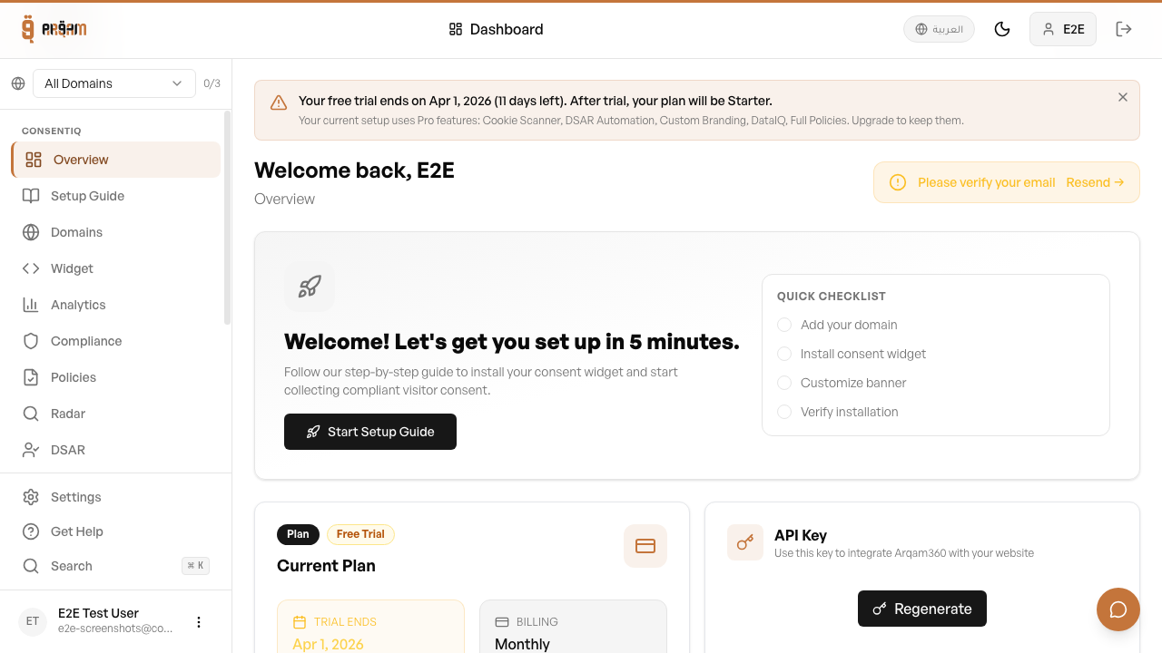 Arqam360 dashboard overview
